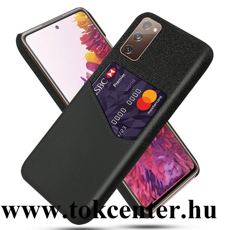 Samsung Galaxy S20 FE (SM-G780) Műanyag telefonvédő (közepesen ütésálló, bankkártya tartó, textilbevonat, bőr hatású hátlap) FEKETE