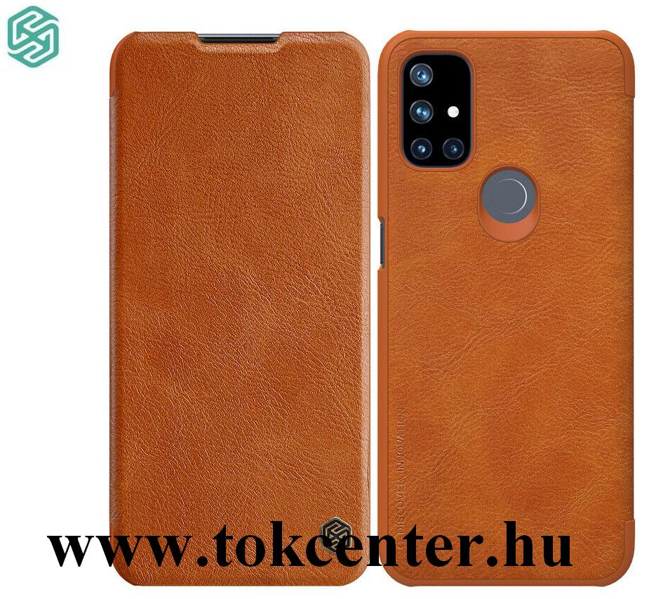 OnePlus Nord N10 5G NILLKIN QIN tok álló, bőr hatású (aktív flip, oldalra nyíló, bankkártya tartó) BARNA