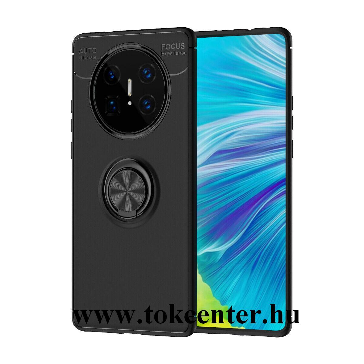 Huawei Mate 40 Pro Szilikon telefonvédő (asztali tartó funkció, telefontartó gyűrű, 360°-ban forgatható, beépített fémlemez) FEKETE
