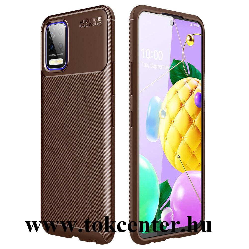 LG K52 Szilikon telefonvédő (közepesen ütésálló, légpárnás sarok, szálcsiszolt, karbon minta) BARNA