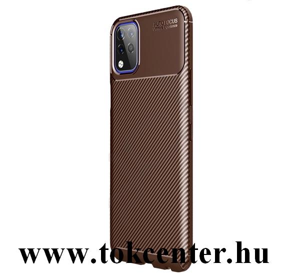 LG K42 (LM-K420HM) Szilikon telefonvédő (közepesen ütésálló, légpárnás sarok, szálcsiszolt, karbon minta) BARNA