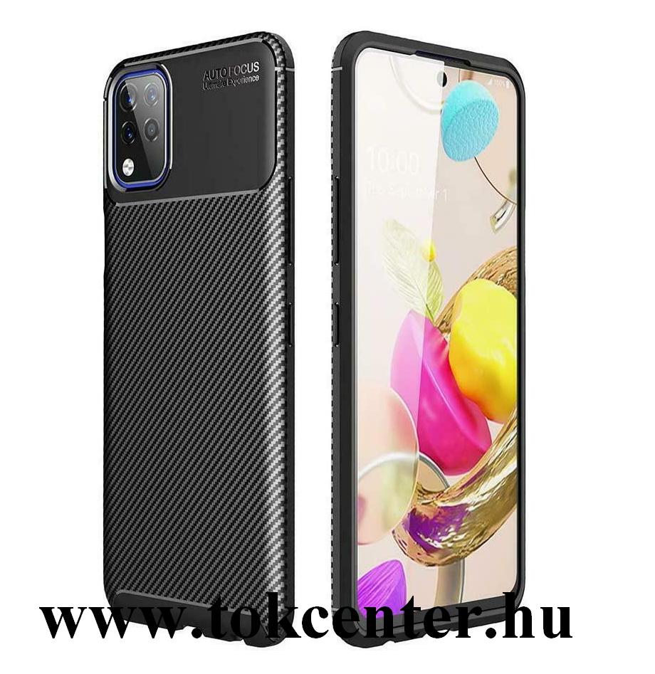 LG K42 (LM-K420HM) Szilikon telefonvédő (közepesen ütésálló, légpárnás sarok, szálcsiszolt, karbon minta) FEKETE