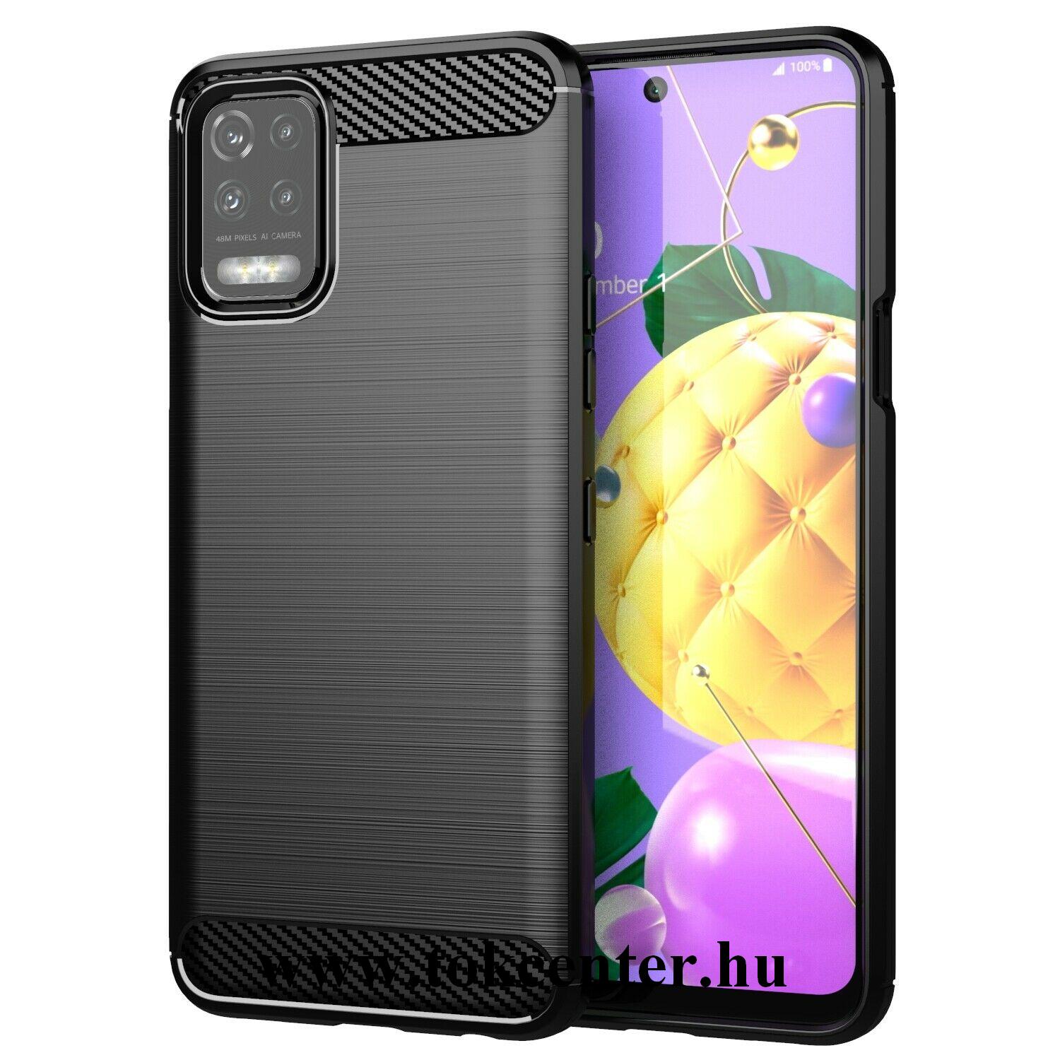 LG K52 Szilikon telefonvédő (közepesen ütésálló, légpárnás sarok, szálcsiszolt, karbon minta) FEKETE