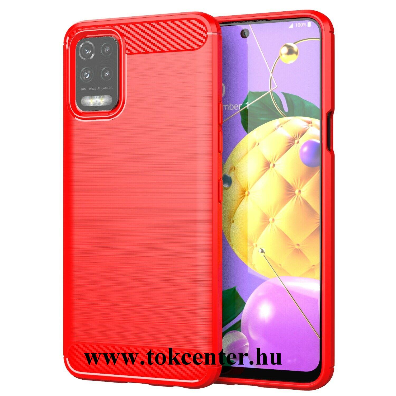 LG K52 Szilikon telefonvédő (közepesen ütésálló, légpárnás sarok, szálcsiszolt, karbon minta) PIROS