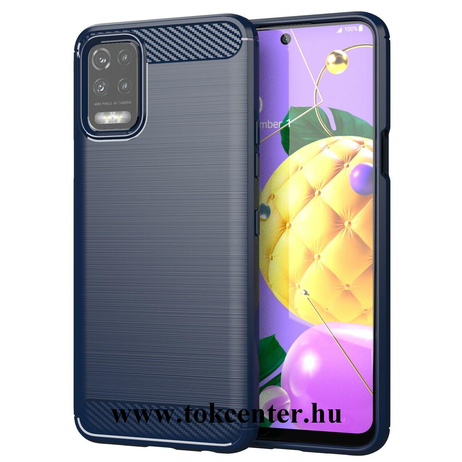 LG K52 Szilikon telefonvédő (közepesen ütésálló, légpárnás sarok, szálcsiszolt, karbon minta) SÖTÉTKÉK