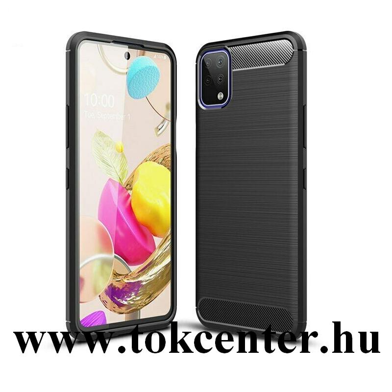 LG K42 (LM-K420HM) Szilikon telefonvédő (közepesen ütésálló, légpárnás sarok, szálcsiszolt, karbon minta) FEKETE