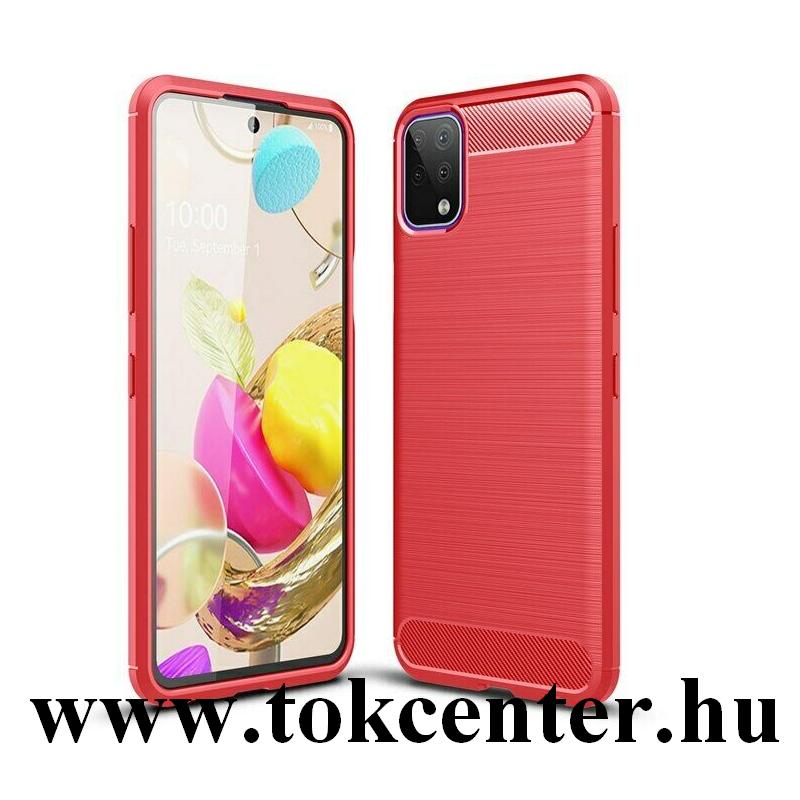 LG K42 (LM-K420HM) Szilikon telefonvédő (közepesen ütésálló, légpárnás sarok, szálcsiszolt, karbon minta) PIROS