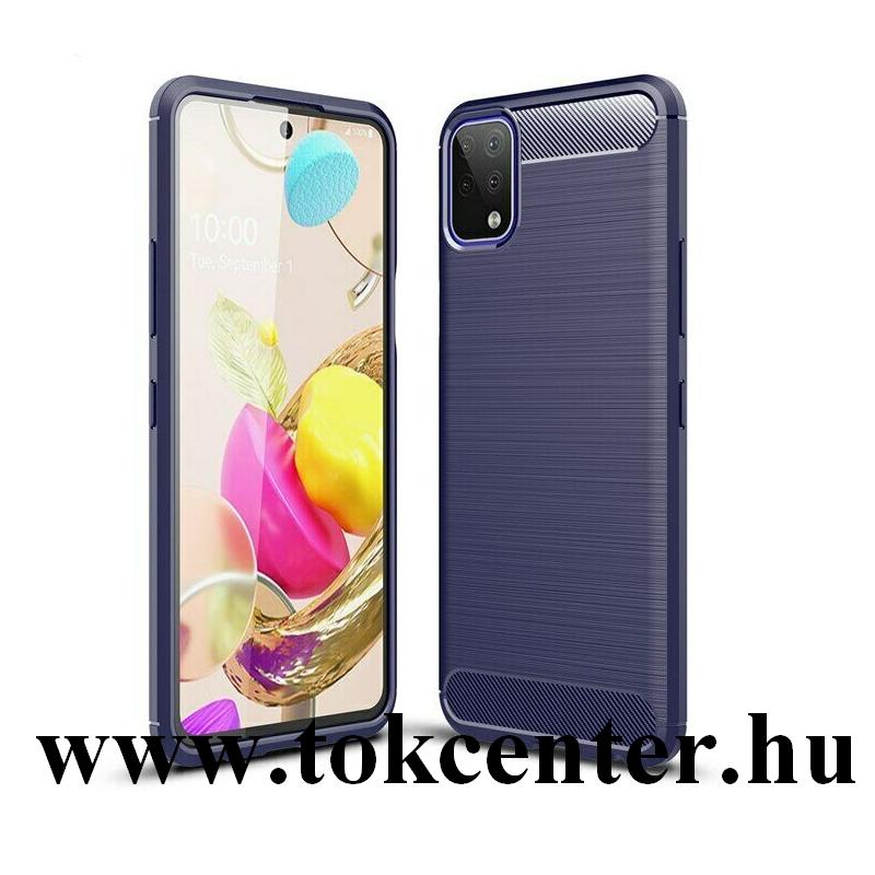 LG K42 (LM-K420HM) Szilikon telefonvédő (közepesen ütésálló, légpárnás sarok, szálcsiszolt, karbon minta) SÖTÉTKÉK