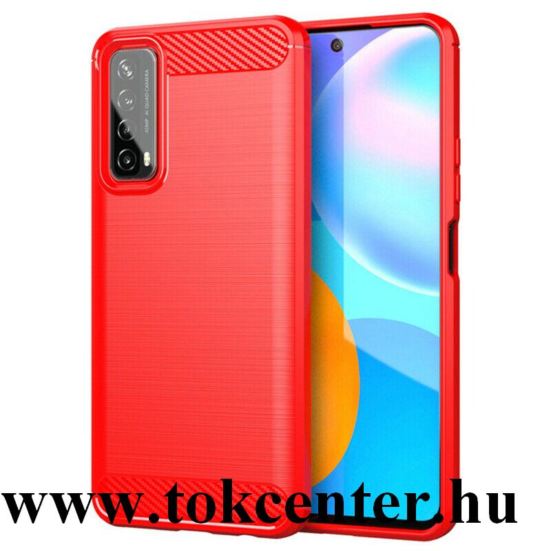 Huawei P Smart (2021) Szilikon telefonvédő (közepesen ütésálló, légpárnás sarok, szálcsiszolt, karbon minta) PIROS