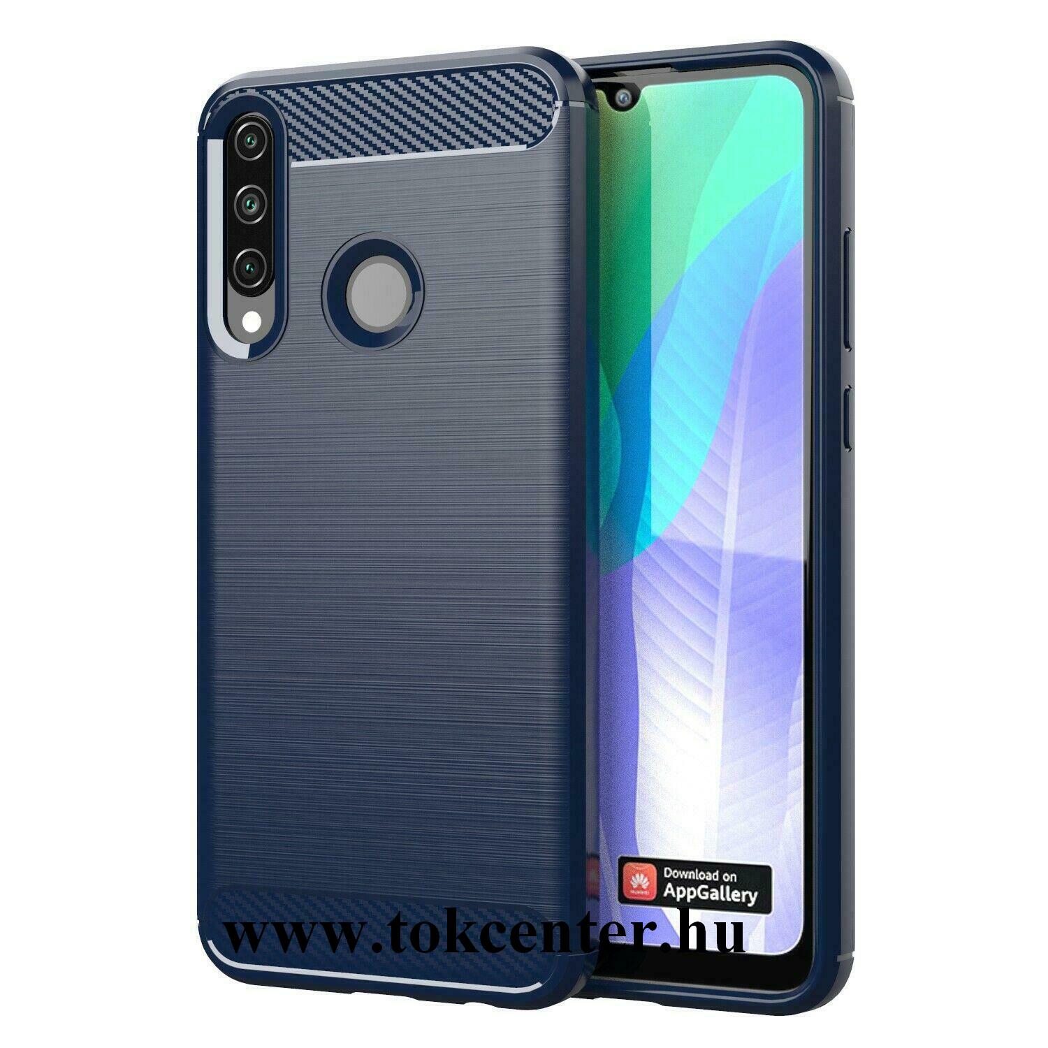 Huawei Y6p Szilikon telefonvédő (közepesen ütésálló, légpárnás sarok, szálcsiszolt, karbon minta) SÖTÉTKÉK