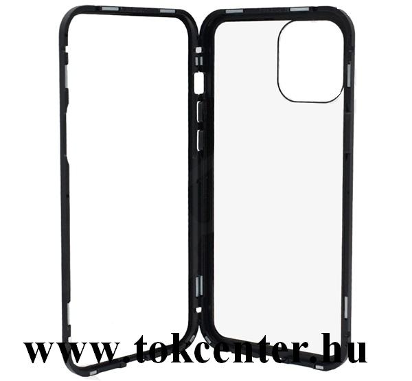 Apple iPhone 12 Pro Max Alumínium telefonvédő (mágneses, közepesen ütésálló, edzett üveg hátlap, 9H) FEKETE