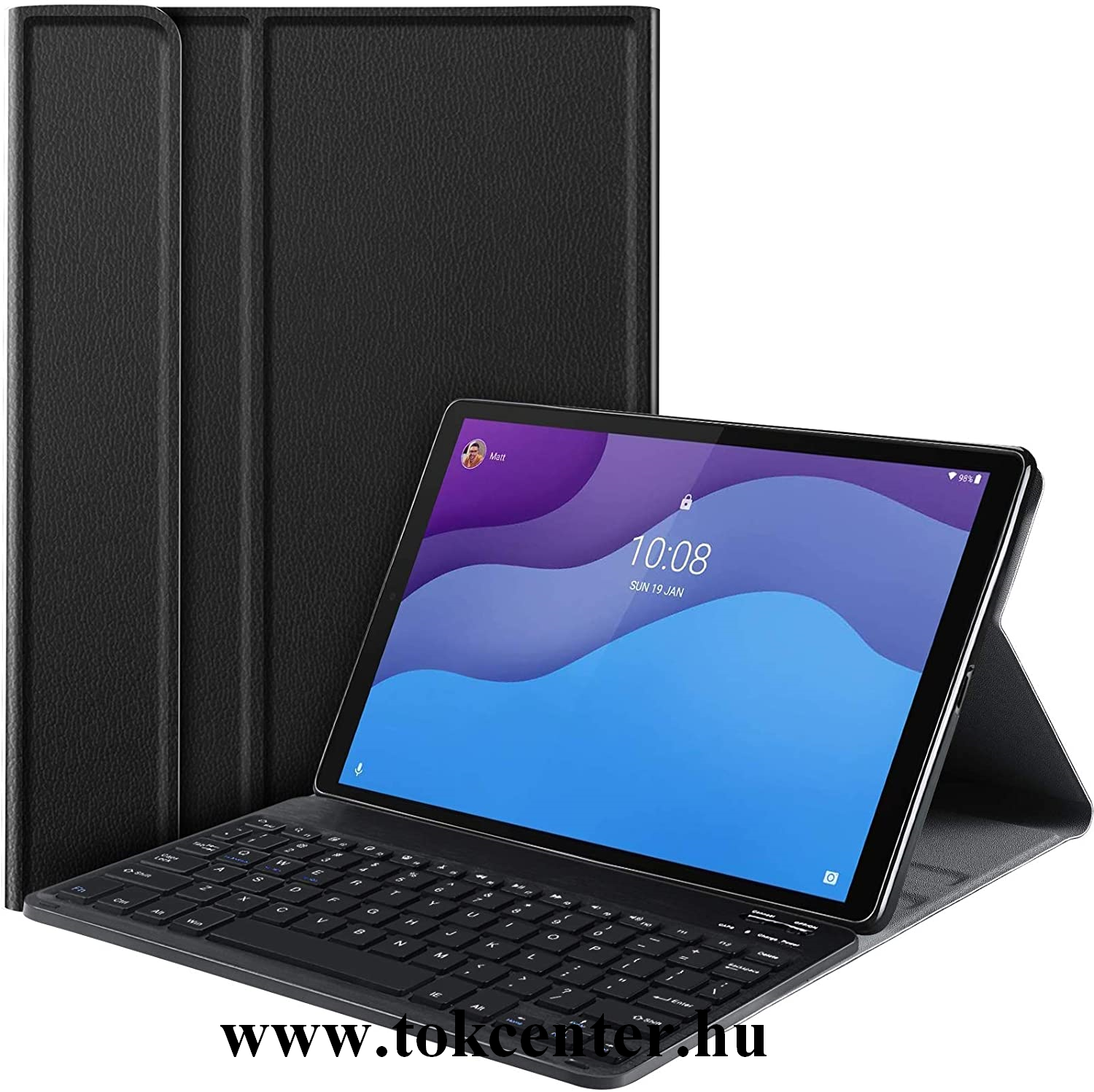 Lenovo Tab M10 HD (TB-X306F) 2.gen Tok álló, bőr hatású (FLIP, bluetooth billentyűzet, asztali tartó funkció, QWERTY, angol nyelvű) FEKETE