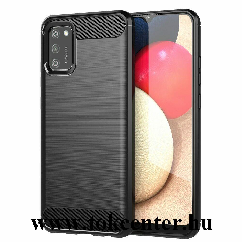 Samsung Galaxy A02s (SM-A025F) Szilikon telefonvédő (közepesen ütésálló, légpárnás sarok, szálcsiszolt, karbon minta) FEKETE
