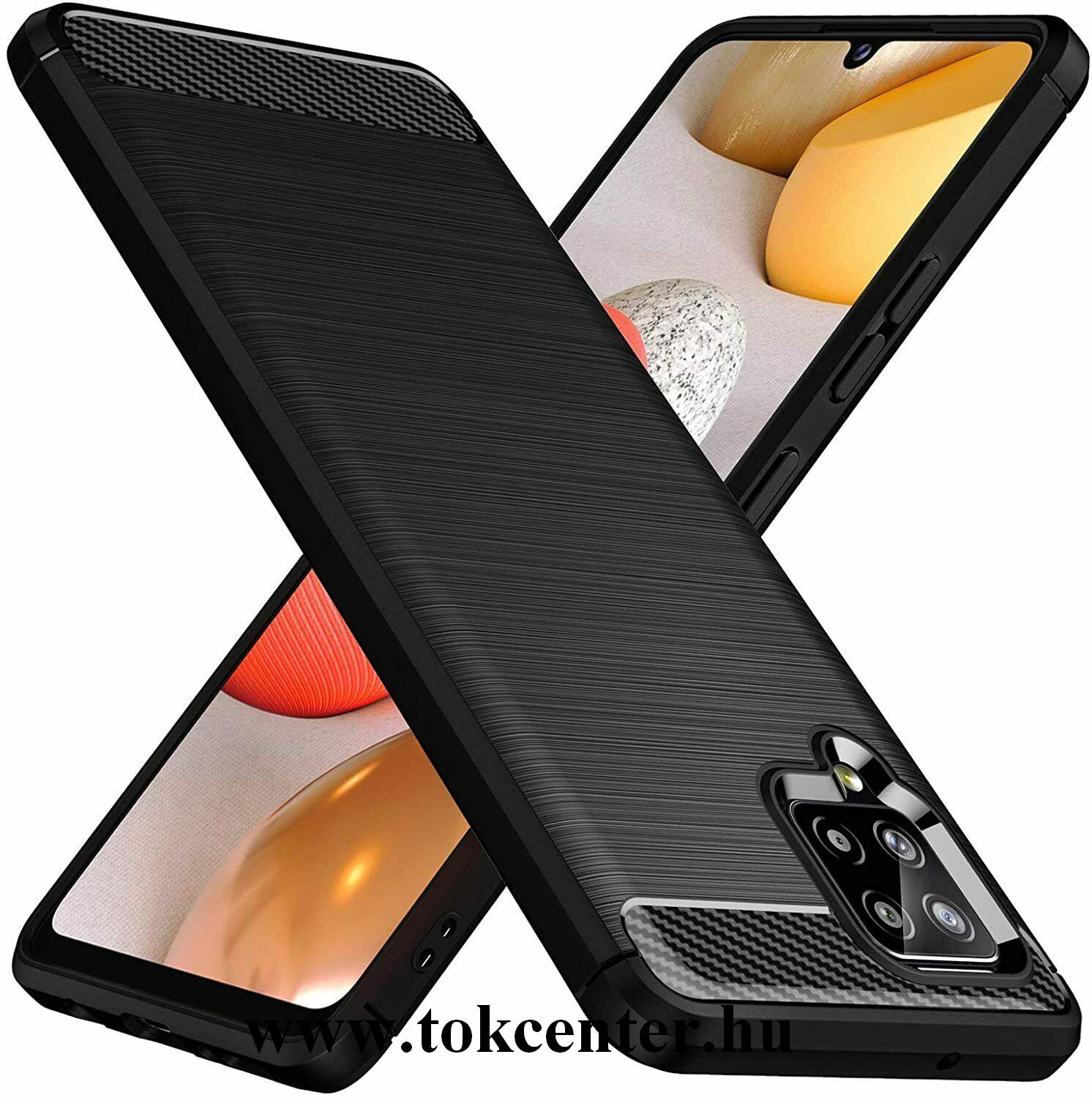 Samsung Galaxy A42 5G (SM-A425F) Szilikon telefonvédő (közepesen ütésálló, légpárnás sarok, szálcsiszolt, karbon minta) FEKETE