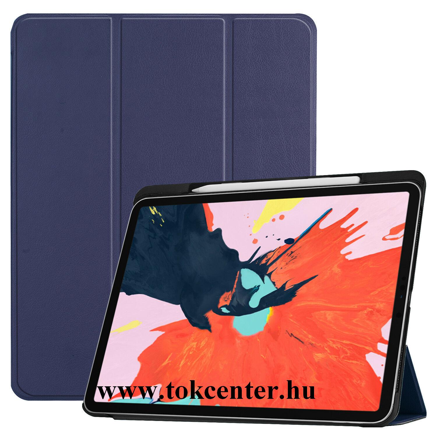 Apple IPAD Pro 12.9 (2018) / Apple IPAD Pro 12.9 (2020) Tok álló, bőr hatású (aktív flip, oldalra nyíló, TRIFOLD asztali tartó funkció, Apple Pencil tartó) SÖTÉTKÉK