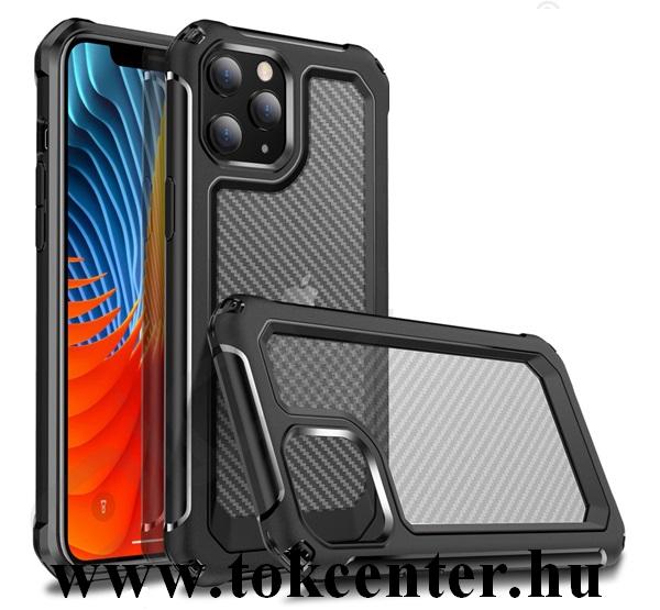 Apple iPhone 12 / Apple iPhone 12 Pro Szilikon telefonvédő (közepesen ütésálló, légpárnás sarok, akril hátlap, karbon minta) FEKETE