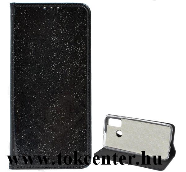 Samsung Galaxy A52 5G (SM-A526F) Tok álló, bőr hatású (FLIP, szilikon belső, oldalra nyíló, asztali tartó funkció, bankkártya tartó, csillogó) FEKETE