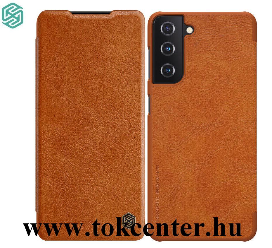 Samsung Galaxy S21 (SM-G991) 5G NILLKIN QIN tok álló, bőr hatású (aktív flip, oldalra nyíló, bankkártya tartó) BARNA