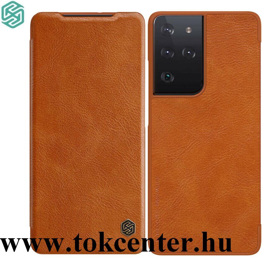 Samsung Galaxy S21 Ultra (SM-G998) 5G NILLKIN QIN tok álló, bőr hatású (aktív flip, oldalra nyíló, bankkártya tartó) BARNA