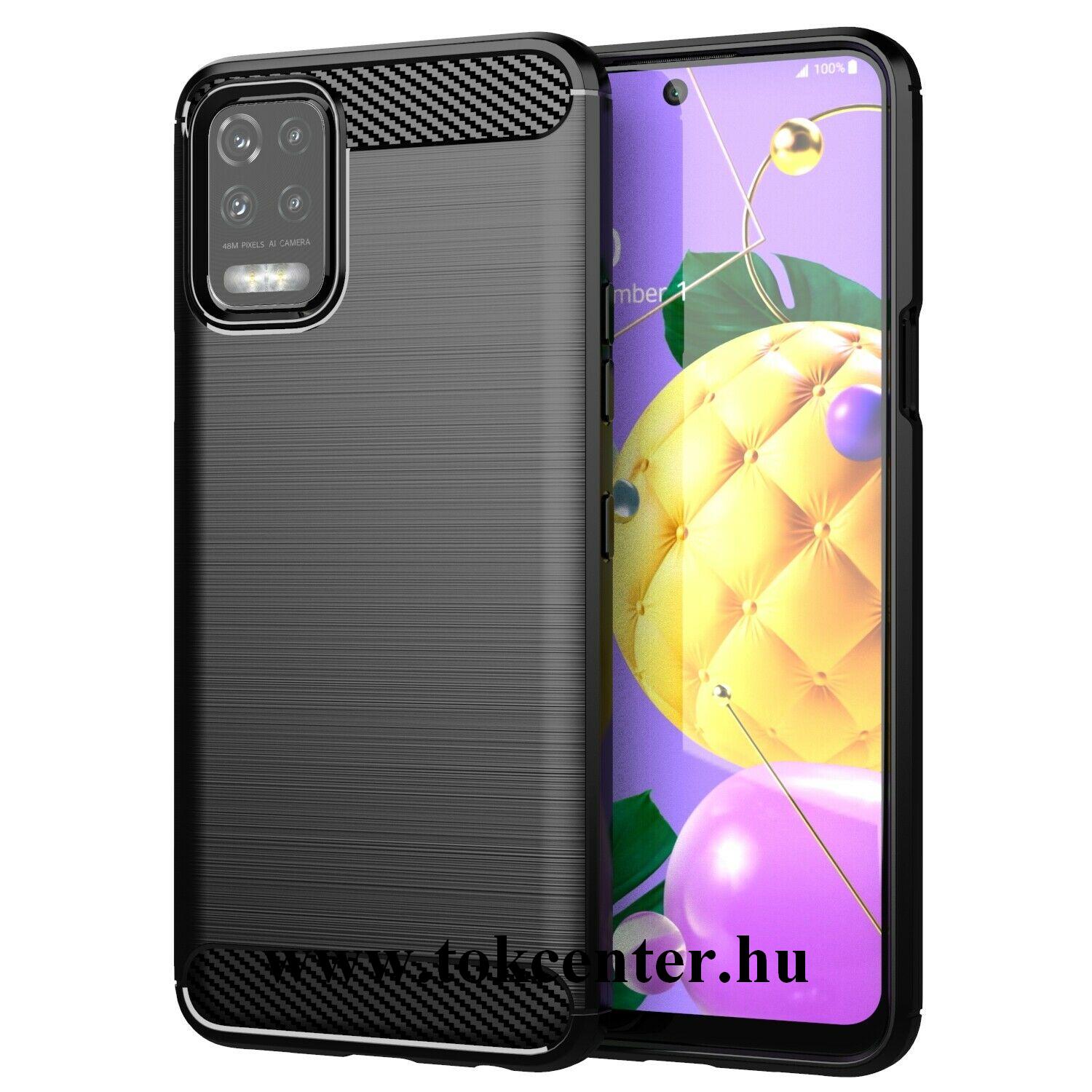 LG K62 Szilikon telefonvédő (közepesen ütésálló, légpárnás sarok, szálcsiszolt, karbon minta) FEKETE