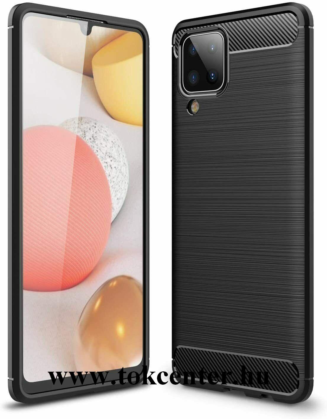 Samsung Galaxy A12 (SM-A125F) Szilikon telefonvédő (közepesen ütésálló, légpárnás sarok, szálcsiszolt, karbon minta) FEKETE