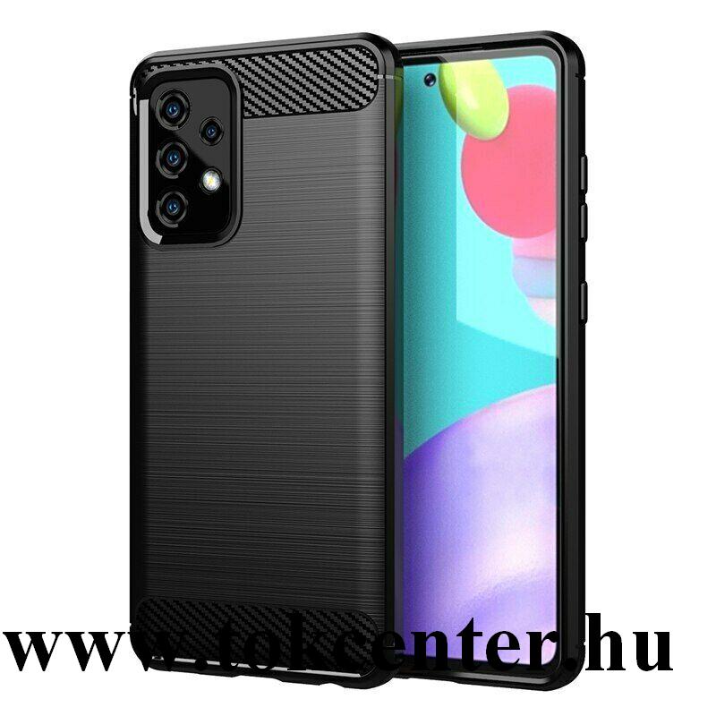 Samsung Galaxy A52 5G (SM-A526F) Szilikon telefonvédő (közepesen ütésálló, légpárnás sarok, szálcsiszolt, karbon minta) FEKETE