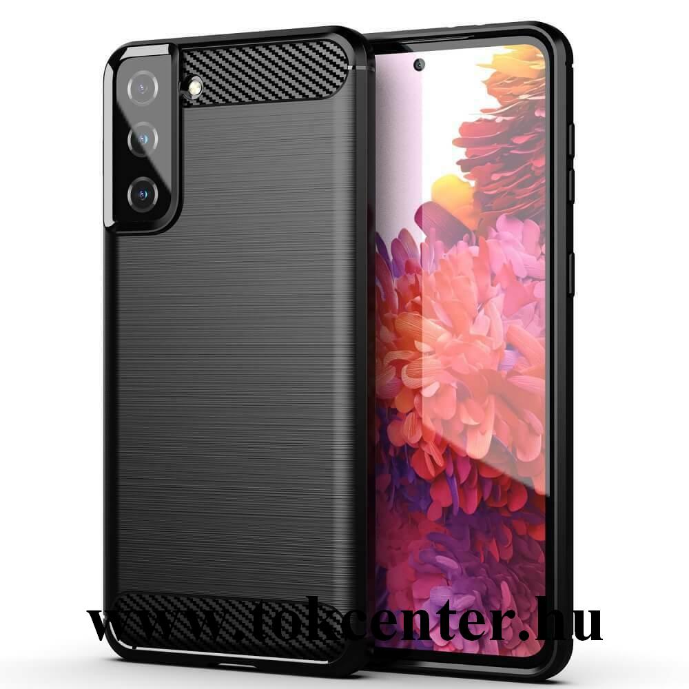 Samsung Galaxy S21 (SM-G991) 5G Szilikon telefonvédő (közepesen ütésálló, légpárnás sarok, szálcsiszolt, karbon minta) FEKETE