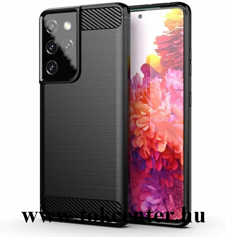 Samsung Galaxy S21 Ultra (SM-G998) 5G Szilikon telefonvédő (közepesen ütésálló, légpárnás sarok, szálcsiszolt, karbon minta) FEKETE