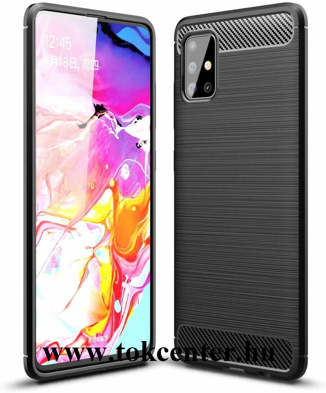 Samsung Galaxy A51 5G (SM-A516F) Szilikon telefonvédő (közepesen ütésálló, légpárnás sarok, szálcsiszolt, karbon minta) FEKETE