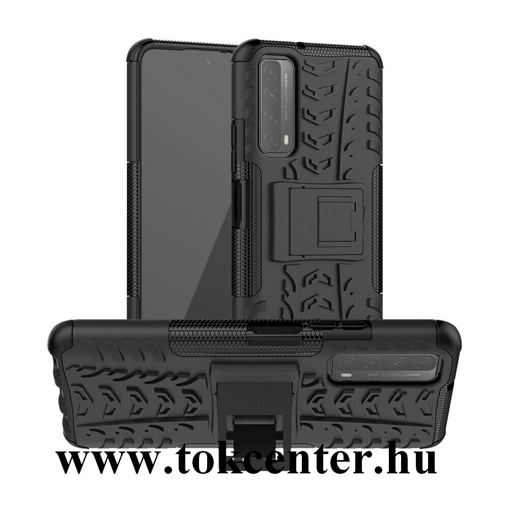Huawei P Smart (2021) Defender műanyag telefonvédő (közepesen ütésálló, szilikon belső, kitámasztó, autógumi minta) FEKETE