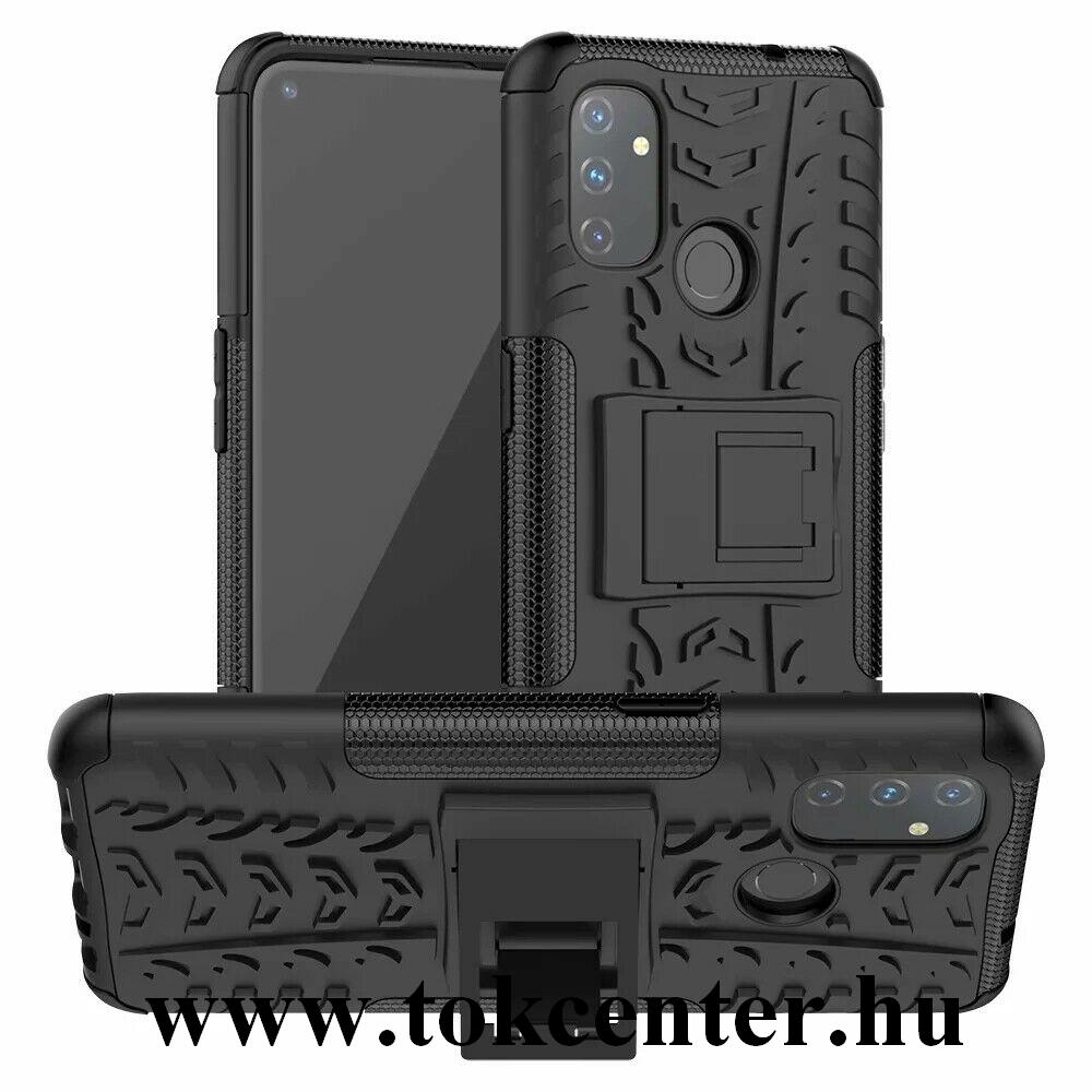 OnePlus Nord N100 Defender műanyag telefonvédő (közepesen ütésálló, szilikon belső, kitámasztó, autógumi minta) FEKETE