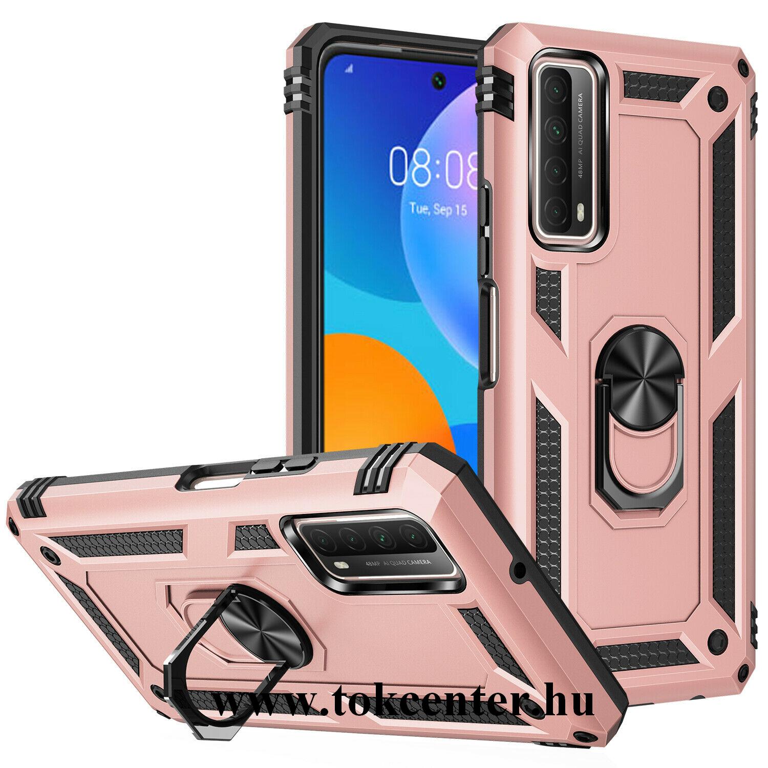 Huawei P Smart (2021) Defender műanyag telefonvédő (közepesen ütésálló, szilikon belső, telefontartó gyűrű, beépített fémlemez) ROZÉARANY