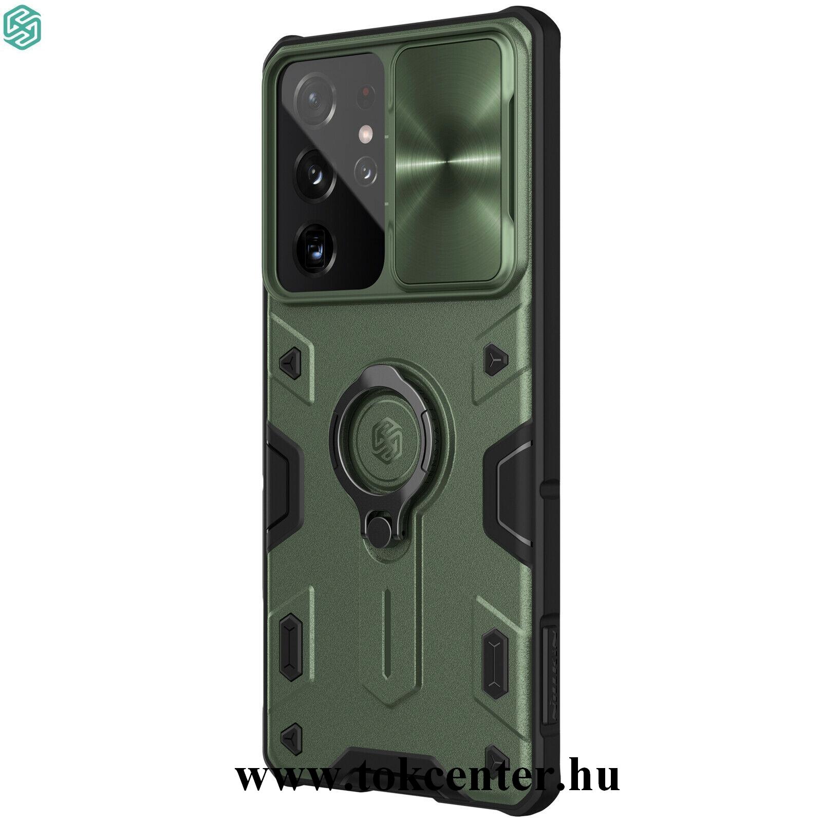 Samsung Galaxy S21 Ultra (SM-G998) 5G NILLKIN CAMSHIELD ARMOR defender műanyag telefonvédő (szilikon belső, közepesen ütésálló, telefontartó gyűrű) SÖTÉTZÖLD