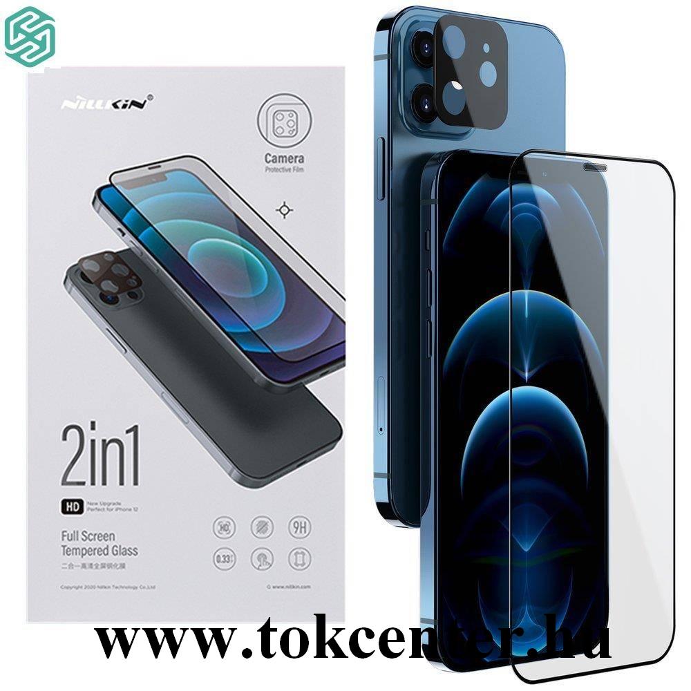 Apple iPhone 12 NILLKIN képernyővédő üveg 2in1 (3D full cover, íves, karcálló, 0.33mm, 9H + kameravédő fólia) FEKETE