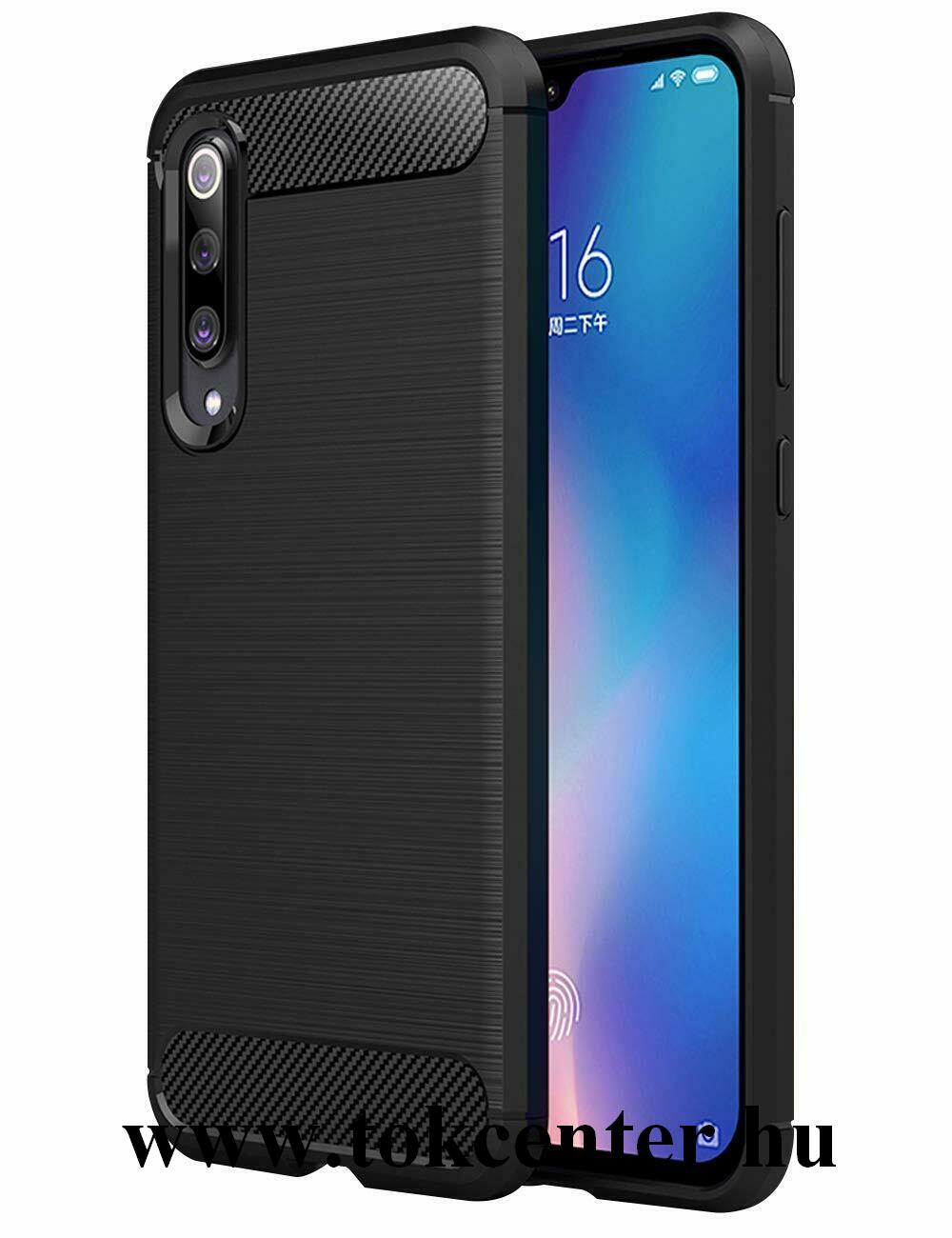 Xiaomi Mi 9 SE Szilikon telefonvédő (közepesen ütésálló, légpárnás sarok, szálcsiszolt, karbon minta) FEKETE