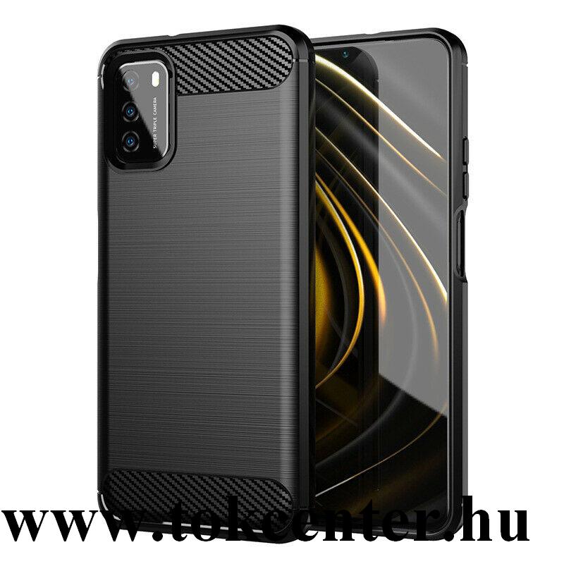Xiaomi Poco M3 Szilikon telefonvédő (közepesen ütésálló, légpárnás sarok, szálcsiszolt, karbon minta) FEKETE