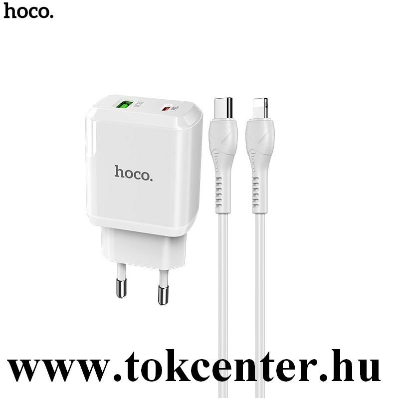 HOCO N5 hálózati töltő USB + Type-C aljzat (5V / 3000mA, 20W, QC 3.0, PD gyorstöltés + Type-C - lightning 8 pin) FEHÉR