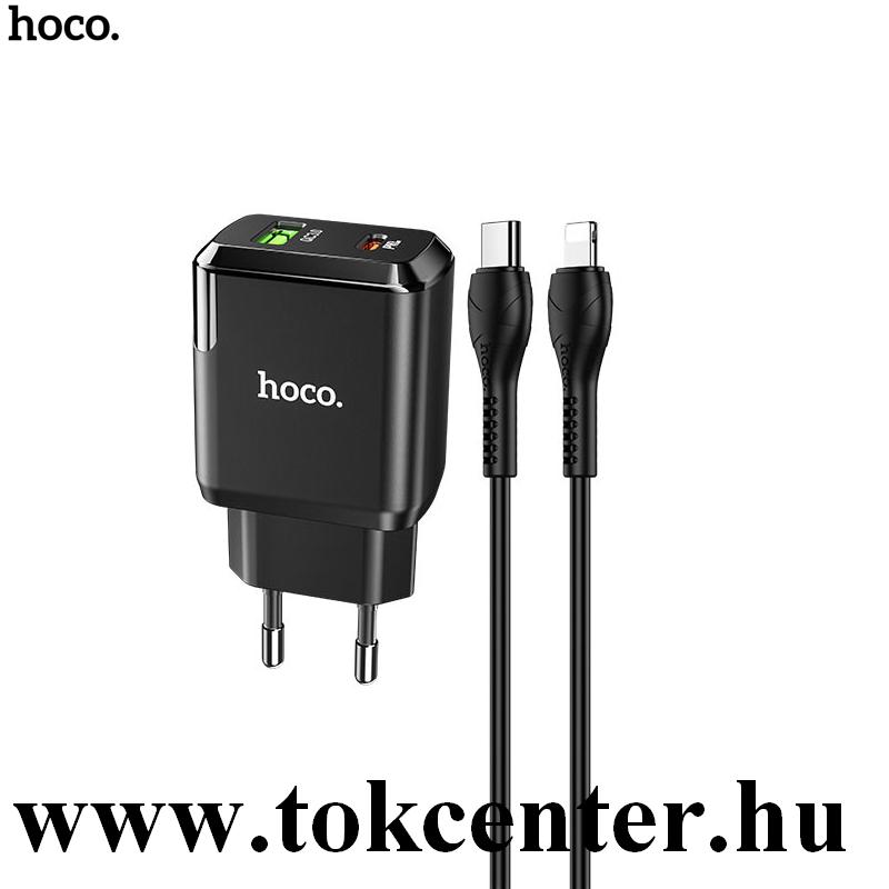 HOCO N5 hálózati töltő USB + Type-C aljzat (5V / 3000mA, 20W, QC 3.0, PD gyorstöltés + Type-C - lightning 8 pin) FEKETE