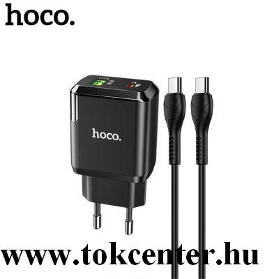 HOCO N5 hálózati töltő USB + Type-C aljzat (5V / 3000mA, 20W, QC 3.0, PD gyorstöltés + Type-C - Type-C kábel) FEKETE