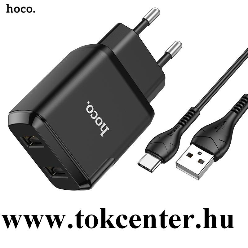HOCO N7 SPEEDY hálózati töltő 2 x USB aljzat (5V / 2100mA, QC 3.0, PD gyorstöltés + Type-C kábel) FEKETE
