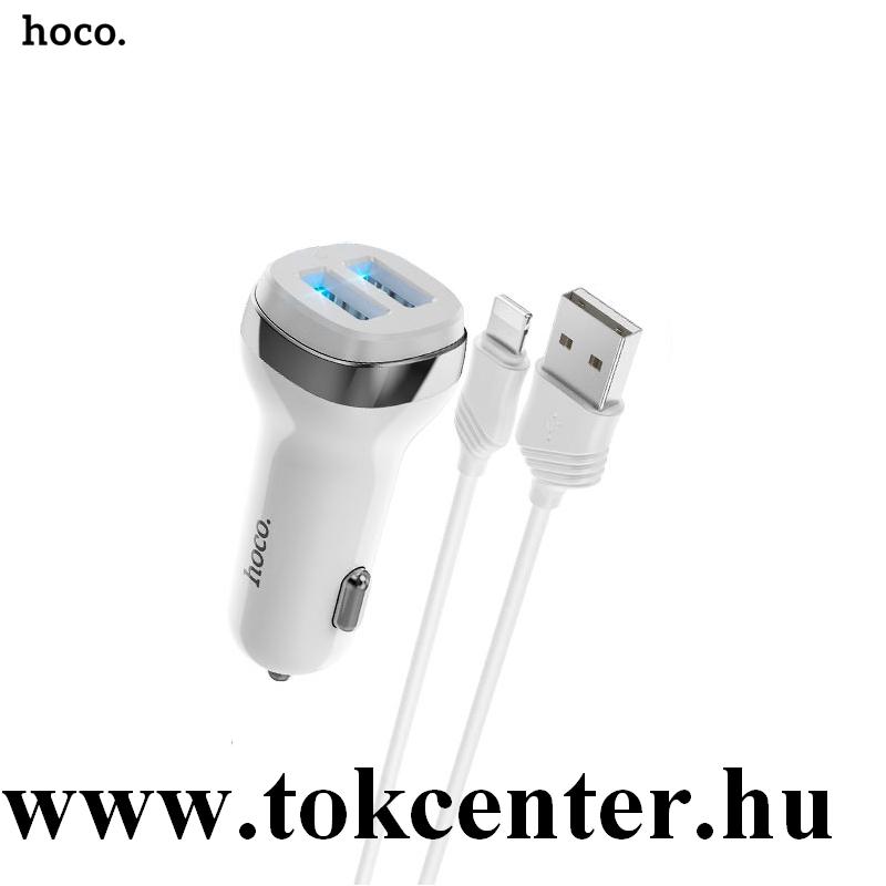 HOCO Z40 autós töltő 2 x USB aljzat (5V / 2400mA, gyorstöltés támogatás, LED jelzés + lightning 8 pin kábel) FEHÉR