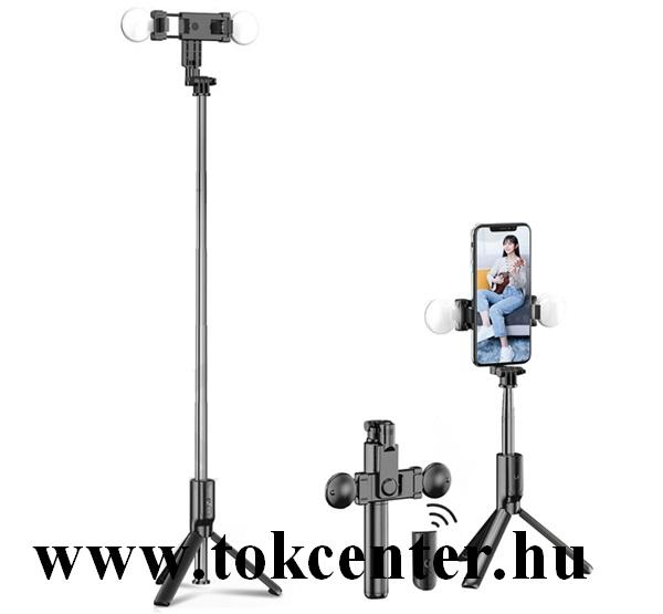 Állvány (BLUETOOTH vezerlő gomb, selfiebot, állítható beépített LED lámpa, 70 cm magas) FEKETE