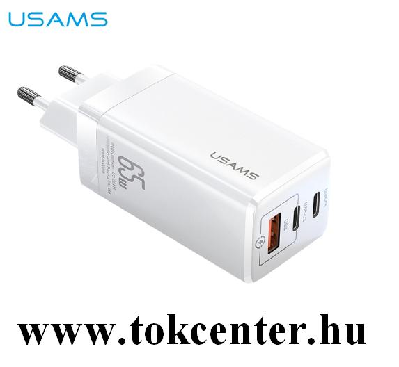 USAMS hálózati töltő USB + 2 x Type-C aljzat (3000mA, GaN anyag, 65W, PD gyorstöltés támogatás) FEHÉR