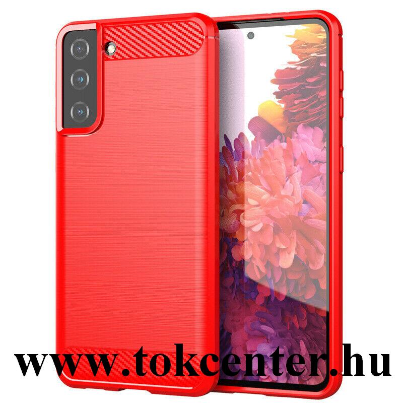 Samsung Galaxy S21 (SM-G991) 5G Szilikon telefonvédő (közepesen ütésálló, légpárnás sarok, szálcsiszolt, karbon minta) PIROS