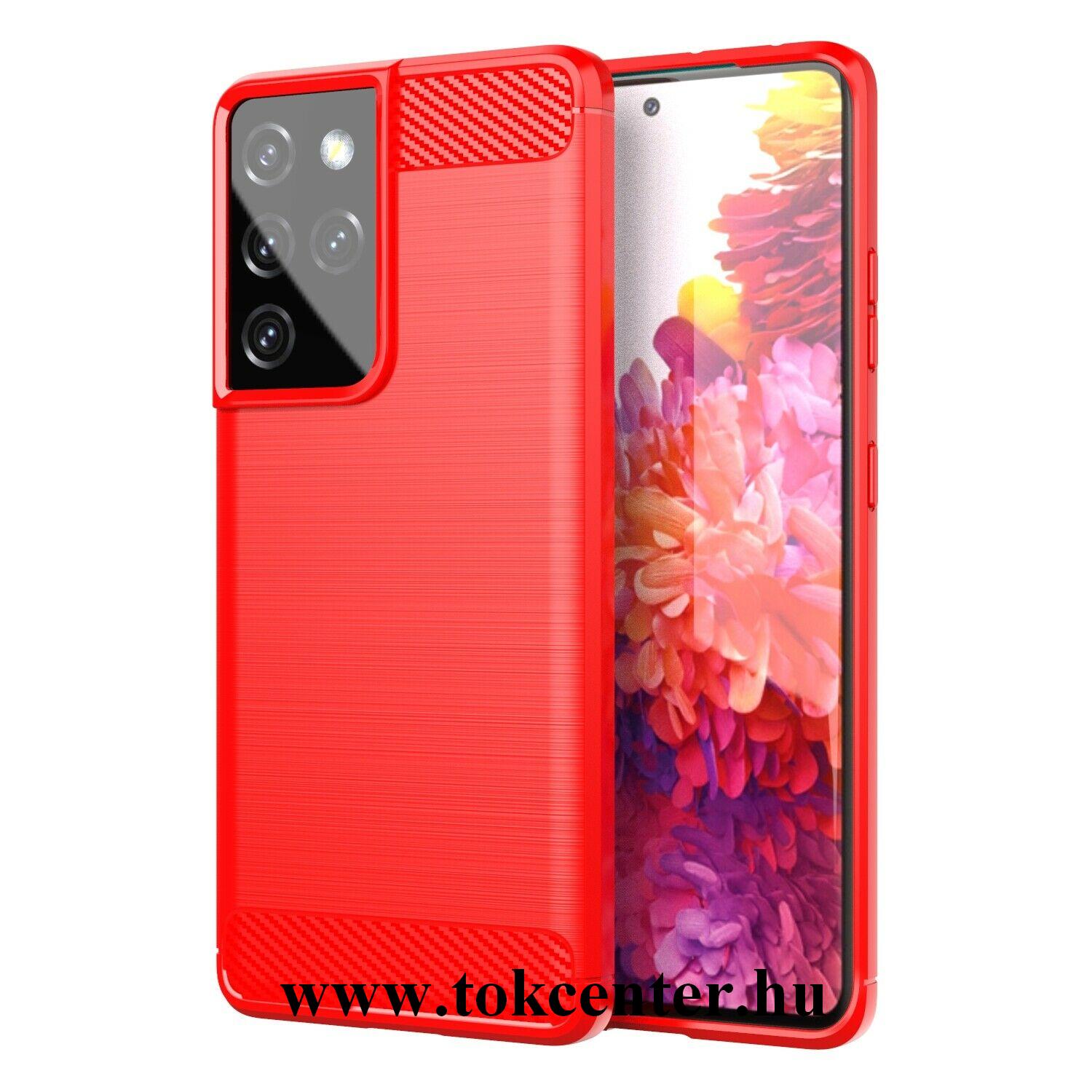 Samsung Galaxy S21 Ultra (SM-G998) 5G Szilikon telefonvédő (közepesen ütésálló, légpárnás sarok, szálcsiszolt, karbon minta) PIROS
