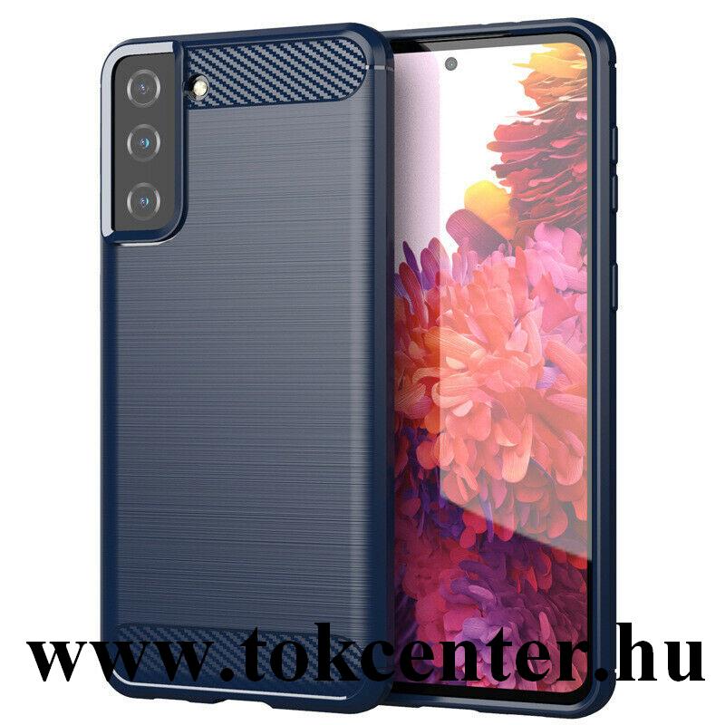 Samsung Galaxy S21 (SM-G991) 5G Szilikon telefonvédő (közepesen ütésálló, légpárnás sarok, szálcsiszolt, karbon minta) SÖTÉTKÉK