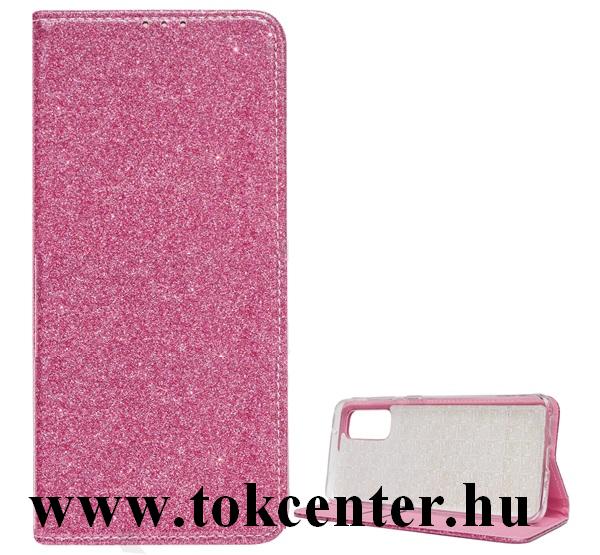Samsung Galaxy Xcover 5 (SM-G525F) Tok álló, bőr hatású (FLIP, szilikon belső, oldalra nyíló, asztali tartó funkció, bankkártya tartó, csillogó) ROZÉARANY