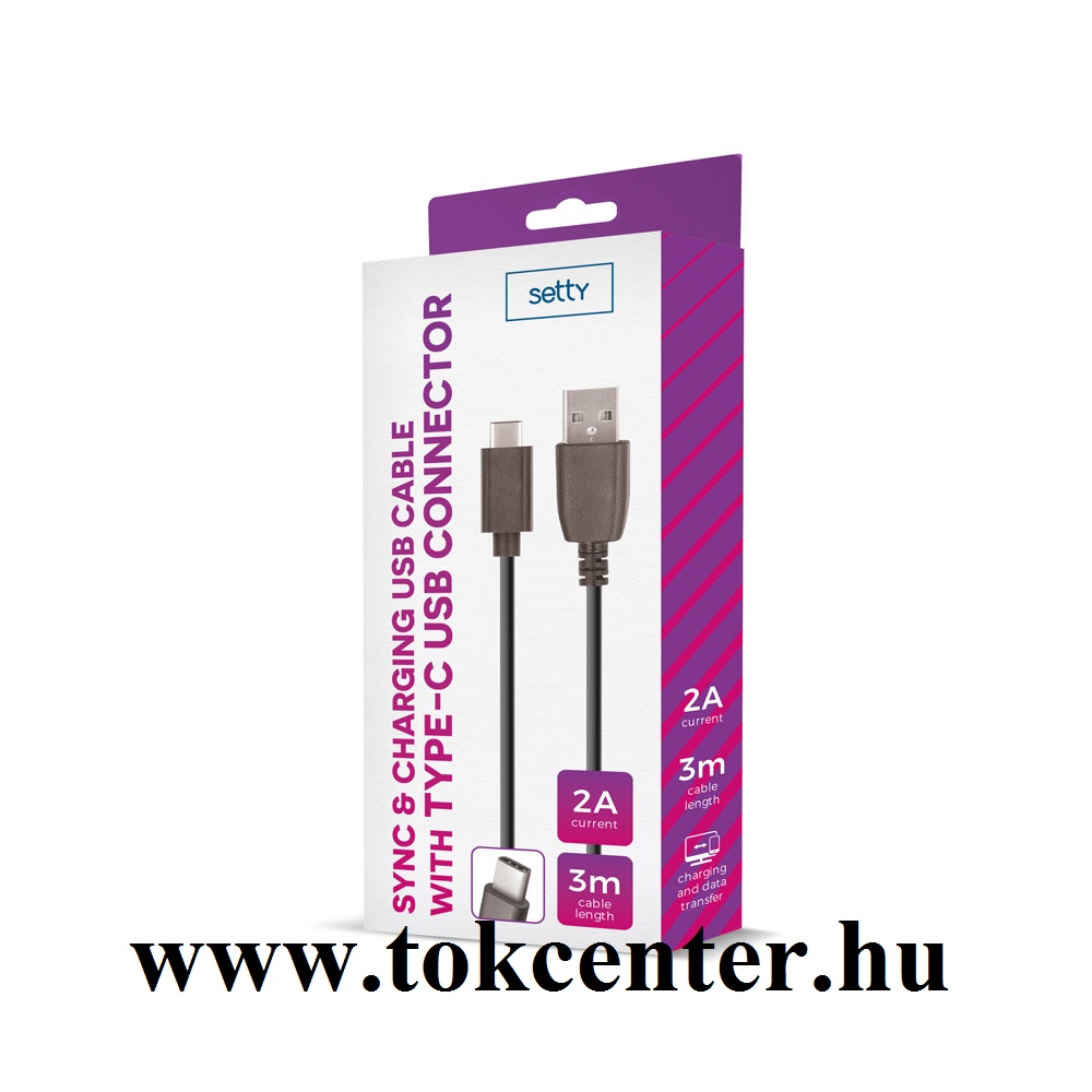 SETTY Type-C adatkábel, 3 méter, 2A, Fekete
