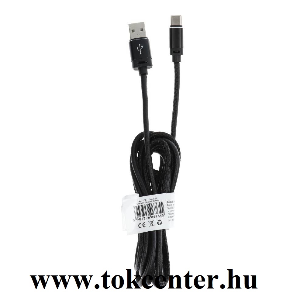 C183 Type-C 3.0 bőrbevonatos adatkábel, 2 méter, 2A, Fekete