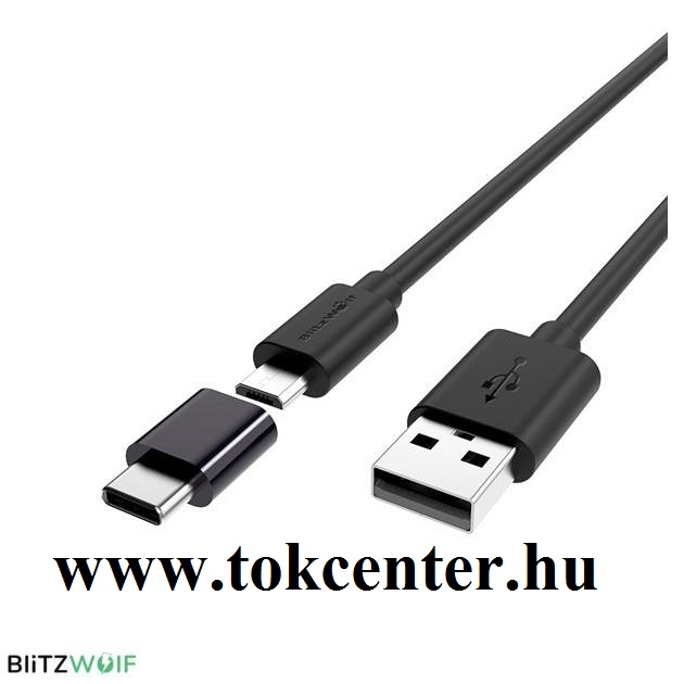 Blitzwolf BW-MT1 Micro USB adatkábel Type-C átalakítóval 1.5 méter, 2A, 480 Mbps adatátviteli sebesség, Fekete